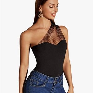 NEW Mesh polka dot one shoulder sleeveless Top